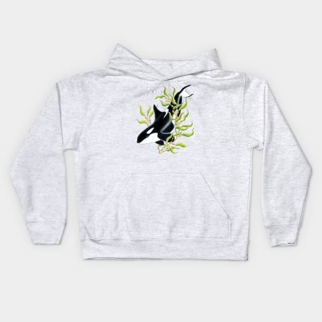 Orca Whale in Kelp forest Ink drawing Kids Hoodie by Seven Sirens Studios